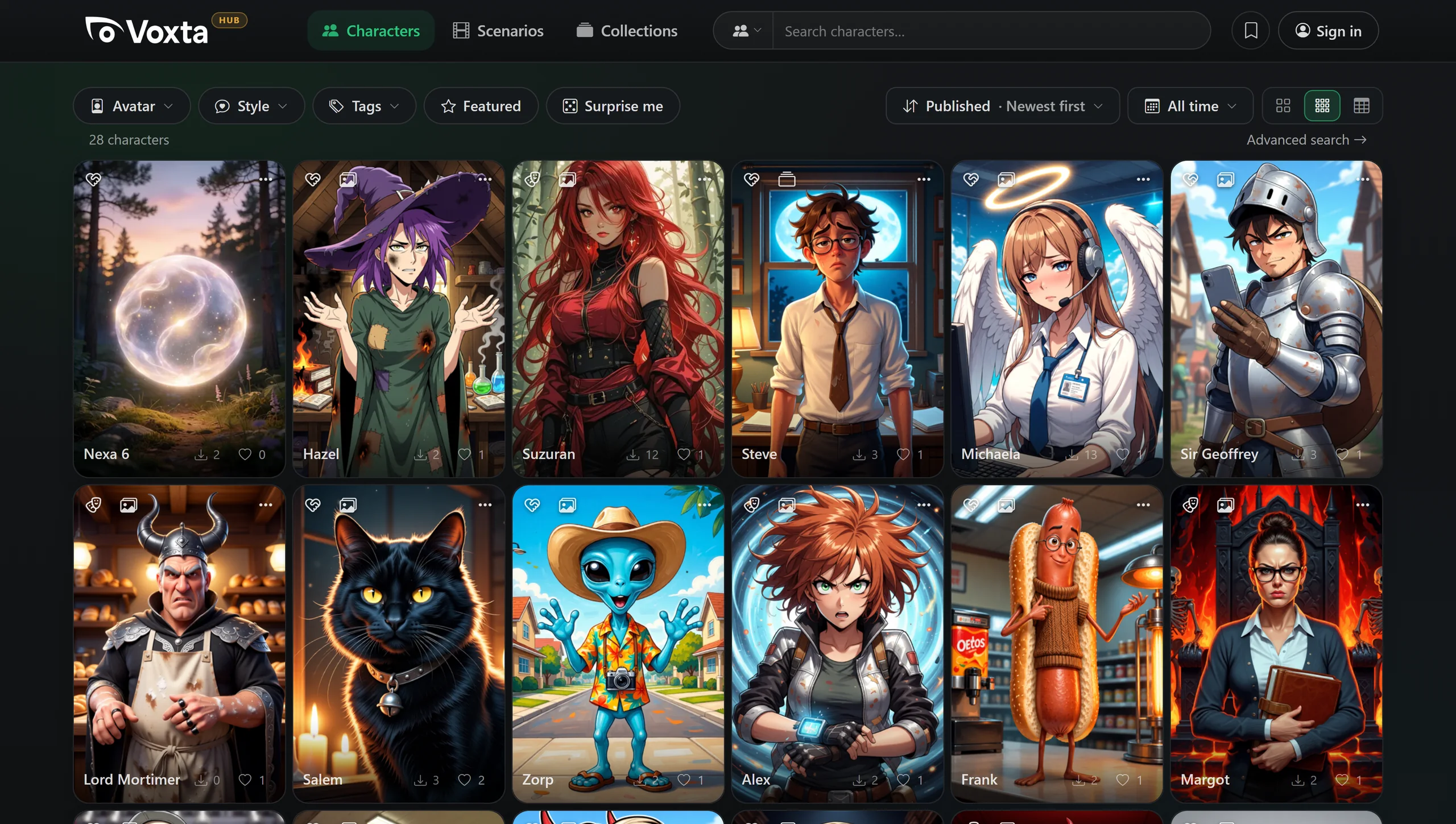 The Voxta Content Hub, browsing community characters