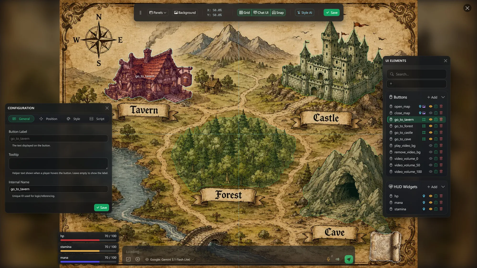 The scenario constructor with a clickable map and HUD widgets