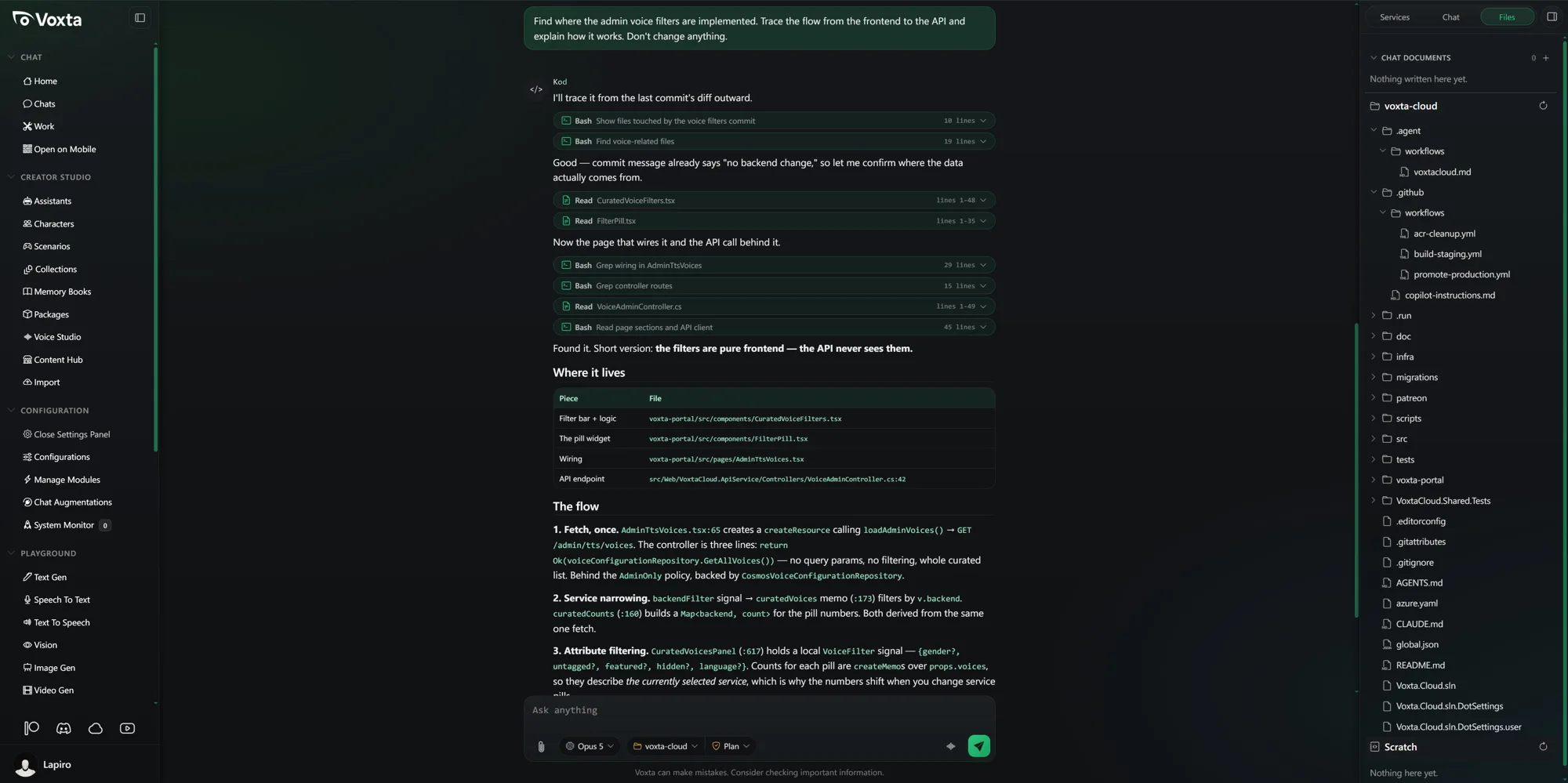 Kōd tracing a feature through a project, tool call by tool call
